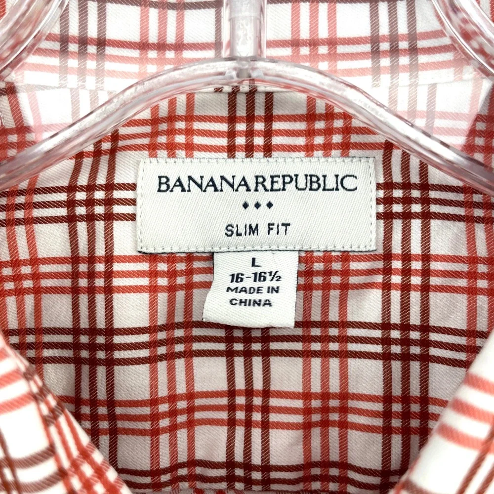 Banana Republic Mens Slim Fit Button Down Shirt Large L Red White‎ Plaid Cotton